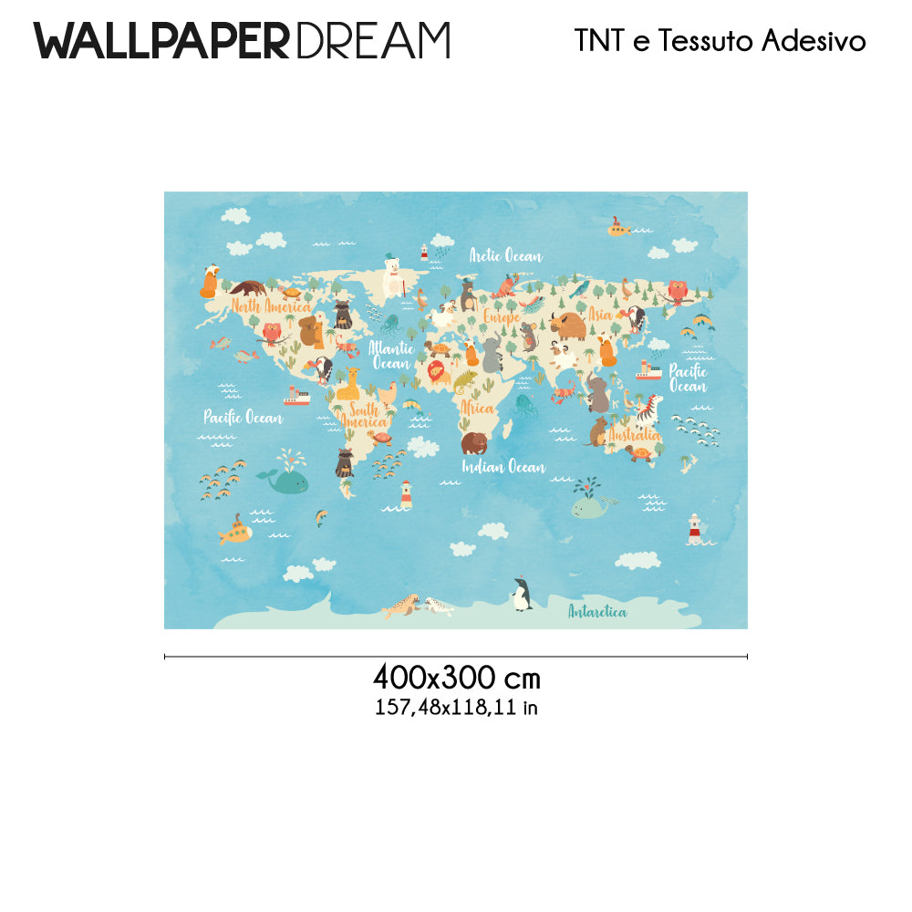 Carta da parati Mappamondo con Animali 2 dimensioni TNT Carta da parati Mappamondo con Animali 2 dimensioni TNT