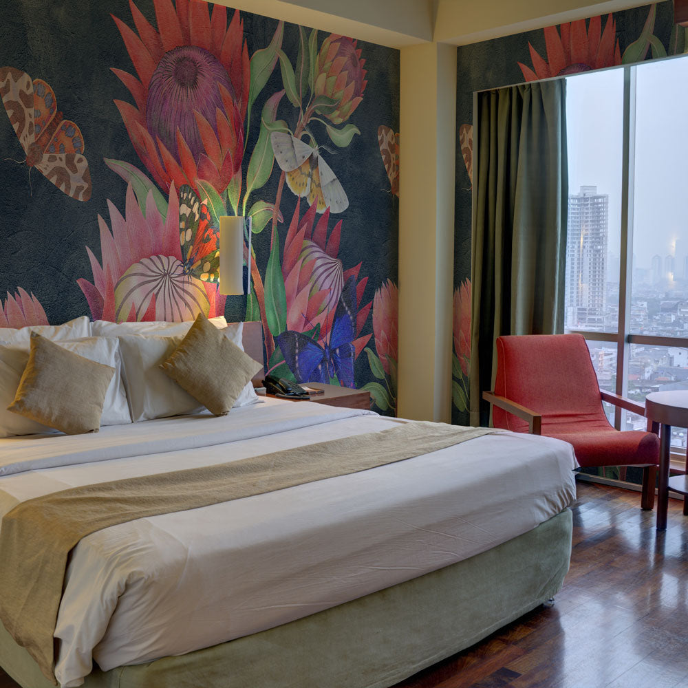 Carta da parati Farfalle nel blu - camera da letto, hotel Carta da parati Farfalle nel blu - camera da letto, hotel