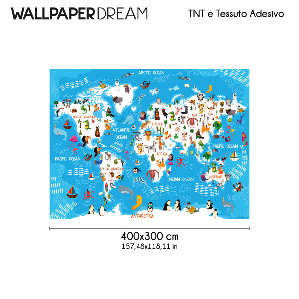 Carta da parati Mappamondo con Animali 2 dimensioni TNT Carta da parati Mappamondo con Animali 2 dimensioni TNT