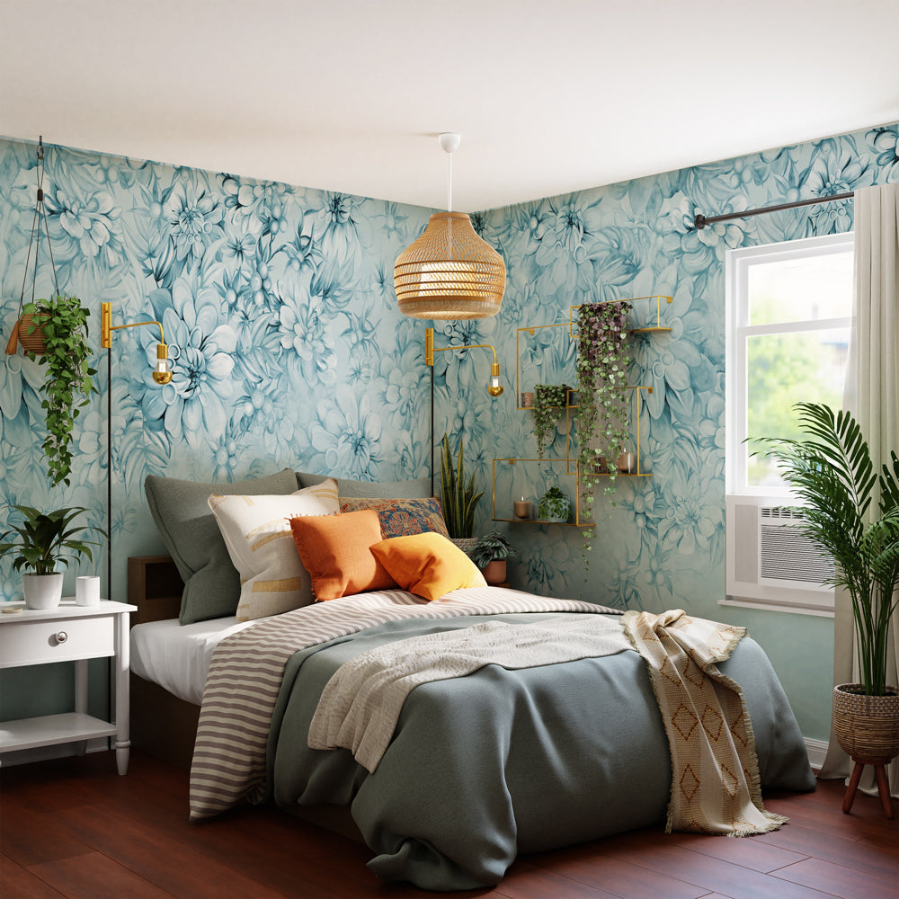 Carta da parati Bouquet etereo - camera | turchese Carta da parati Bouquet etereo - camera | turchese