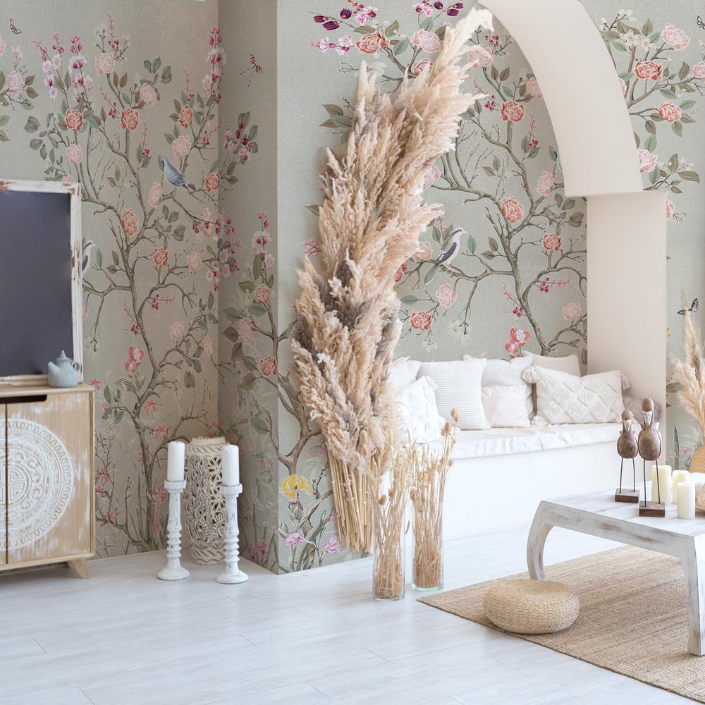 Carta da parati Roseto d'Oriente - sala da pranzo  | verde Carta da parati Roseto d'Oriente - sala da pranzo  | verde