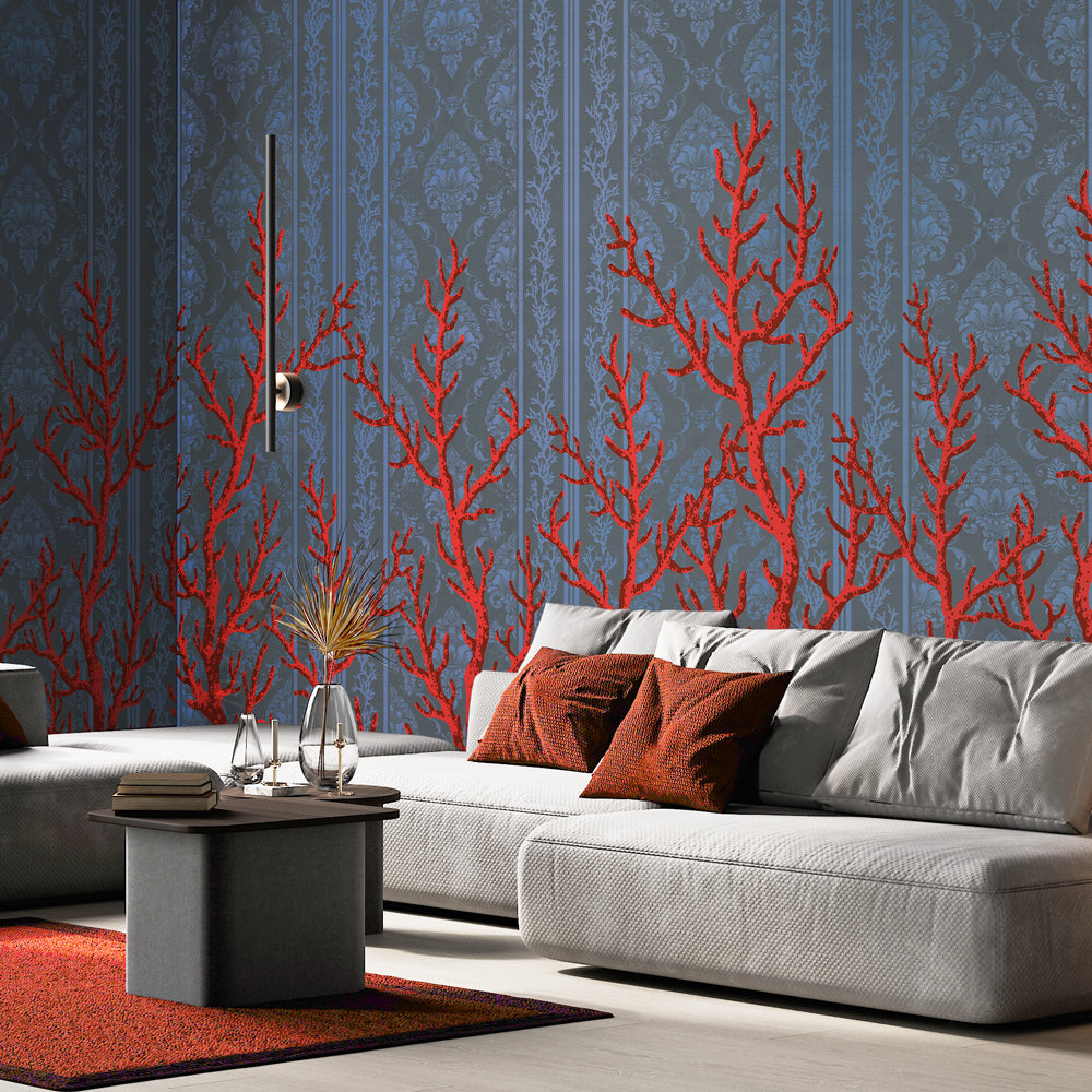Carta da parati Damascato marino - soggiorno Carta da parati Damascato marino - soggiorno
