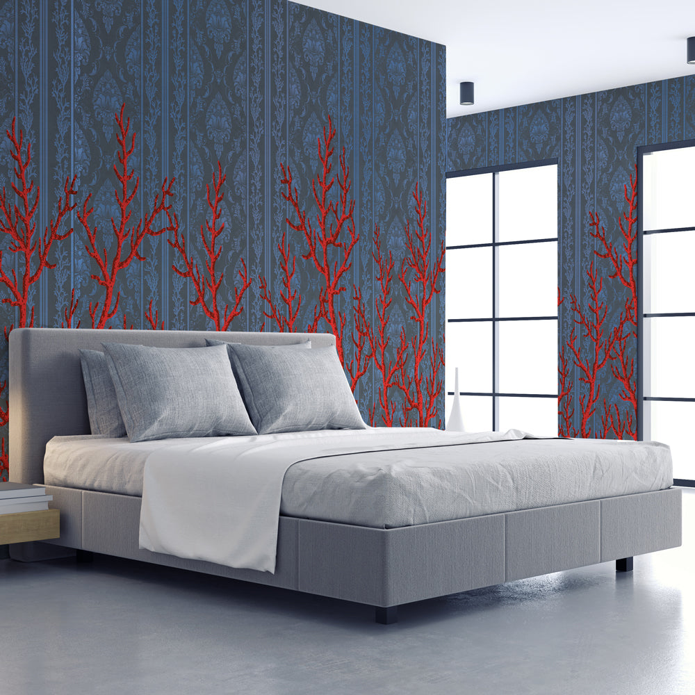 Carta da parati Damascato marino - camera da letto Carta da parati Damascato marino - camera da letto