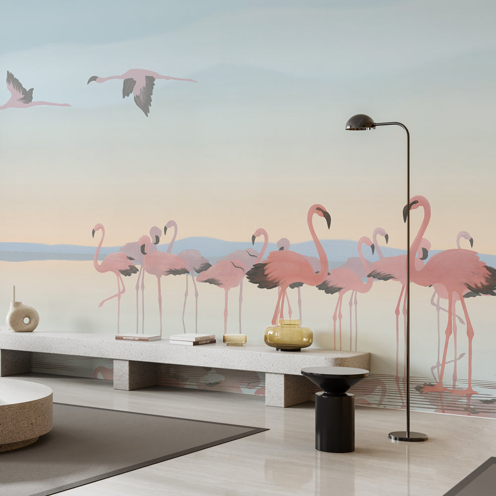 Carta da parati L'eden dei fenicotteri - soggiorno Carta da parati L'eden dei fenicotteri - soggiorno
