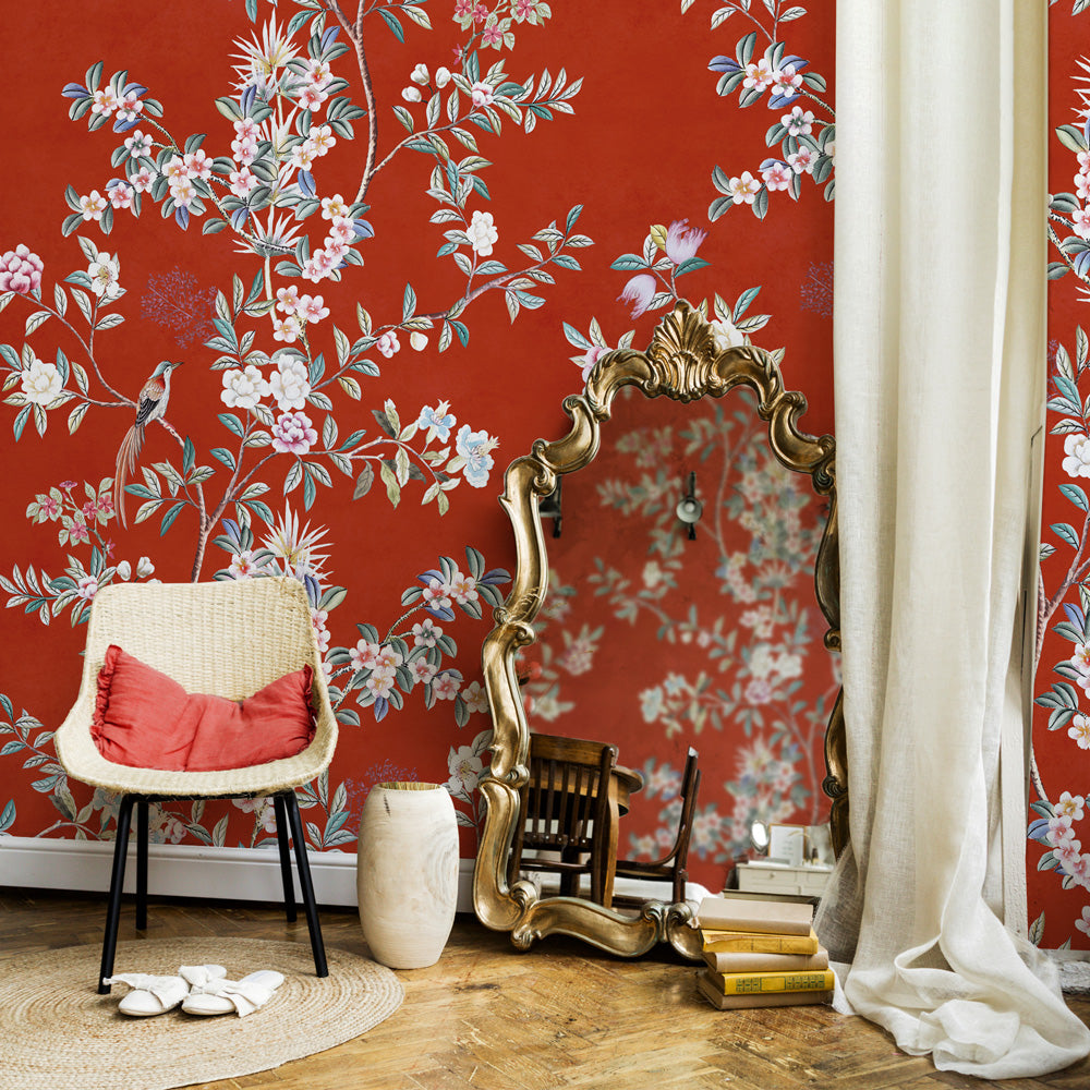 Carta da parati Chinoiserie scarlatta - soggiorno Carta da parati Chinoiserie scarlatta - soggiorno