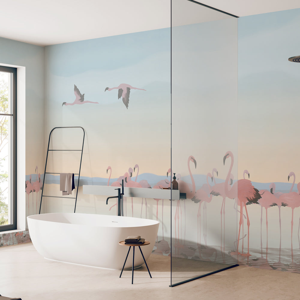 Carta da parati L'eden dei fenicotteri - box doccia, bagno Carta da parati L'eden dei fenicotteri - box doccia, bagno