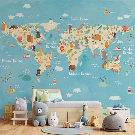 Carta da parati Mappamondo con Animali 2 per bambini