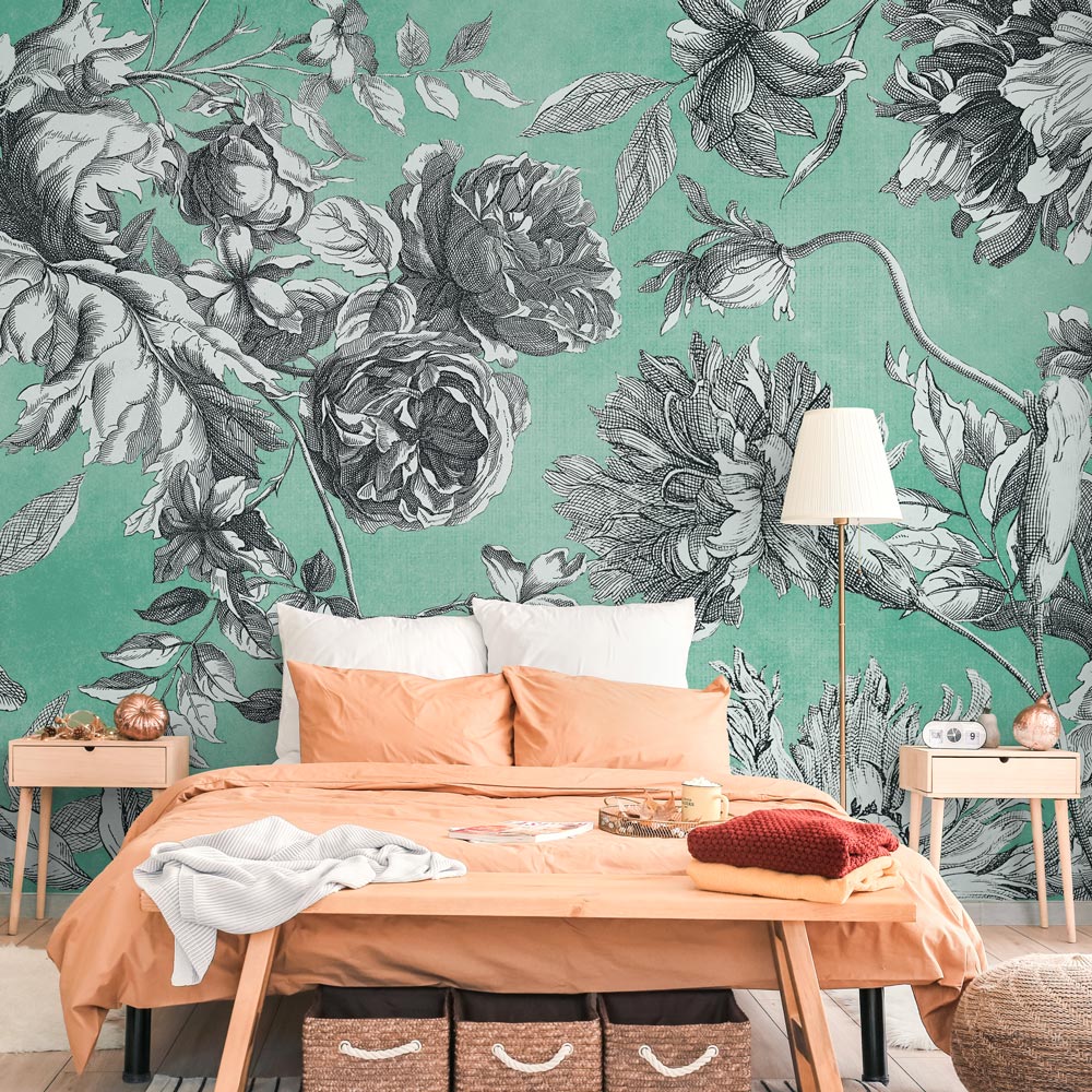 Carta da parati Incisione di fiori - camera da letto | turchese Carta da parati Incisione di fiori - camera da letto | turchese