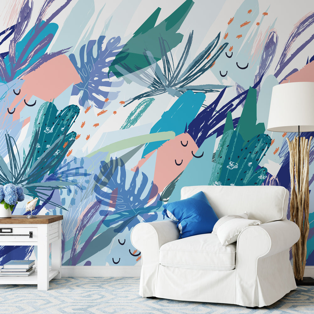 Carta da parati Scribbles and leaves soggiorno 2 Carta da parati Scribbles and leaves soggiorno 2