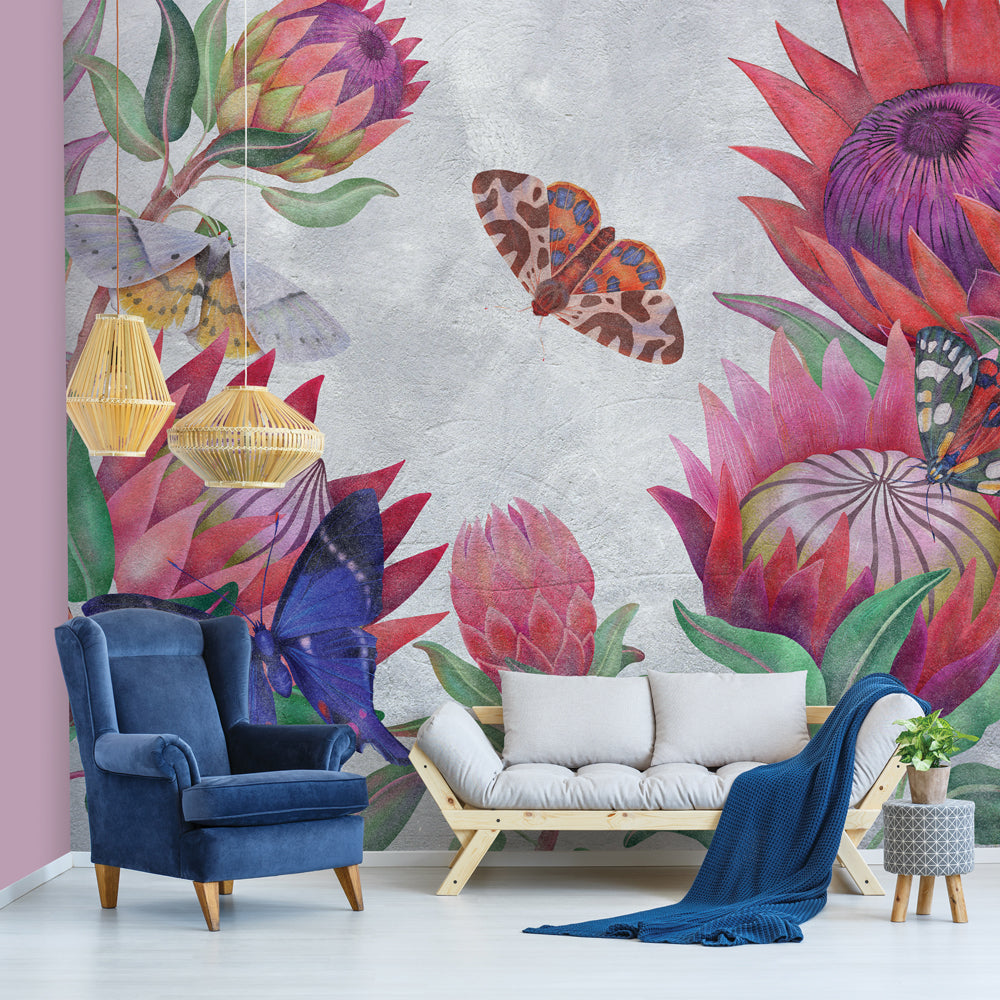 Carta da parati Farfalle nel blu soggiorno 2 - | grigia Carta da parati Farfalle nel blu soggiorno 2 - | grigia