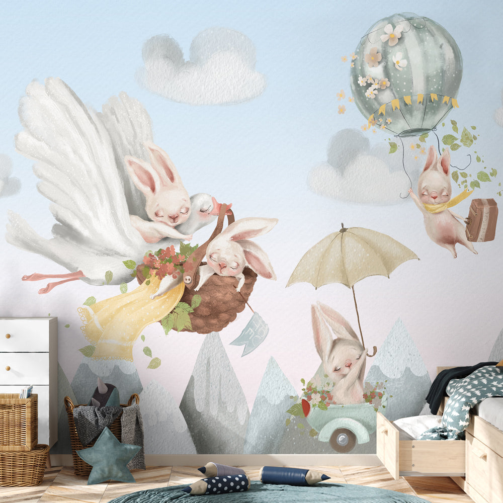 Carta da parati Coniglietti in viaggio - per bambini Carta da parati Coniglietti in viaggio - per bambini