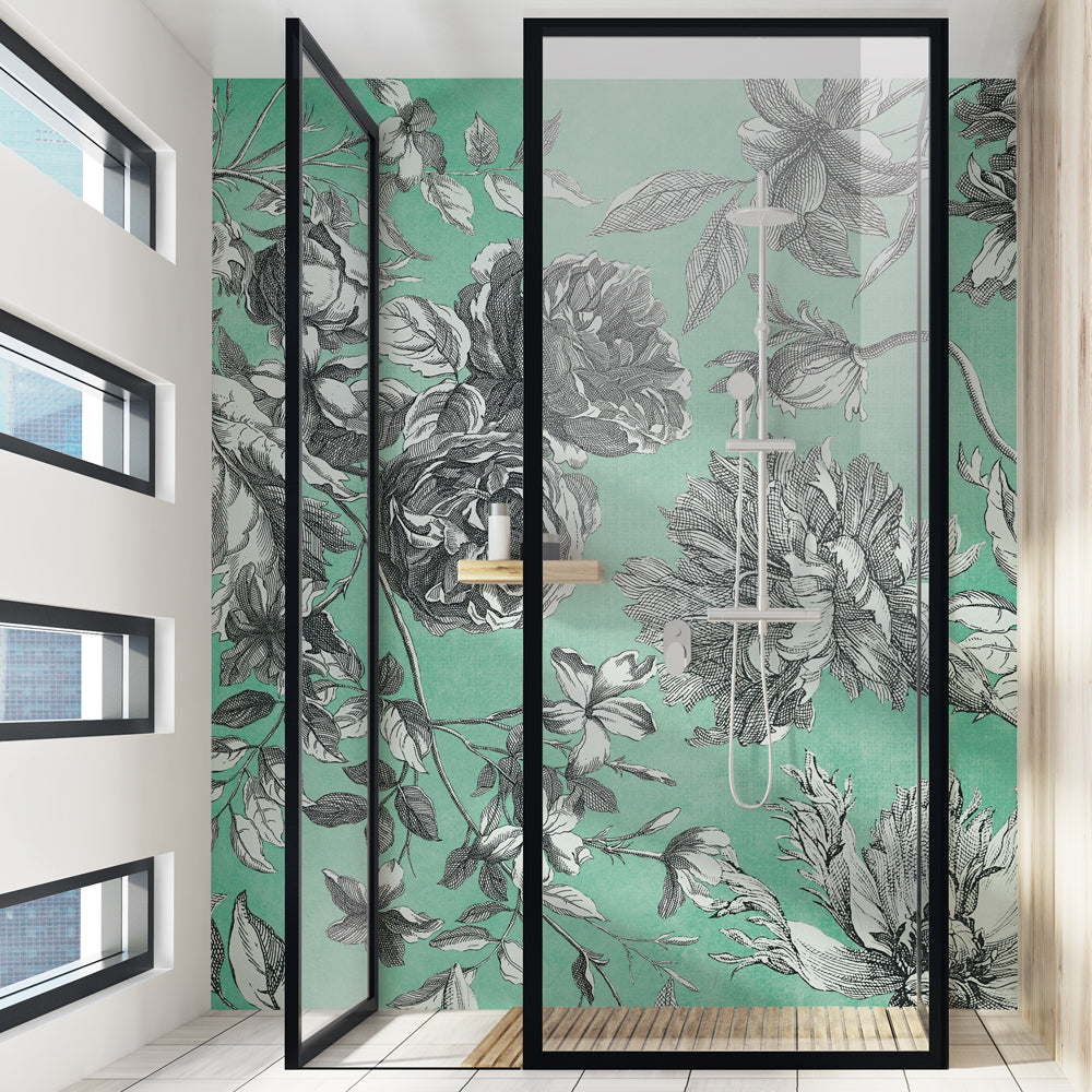 Carta da parati Incisione di fiori - box doccia | verde Carta da parati Incisione di fiori - box doccia | verde