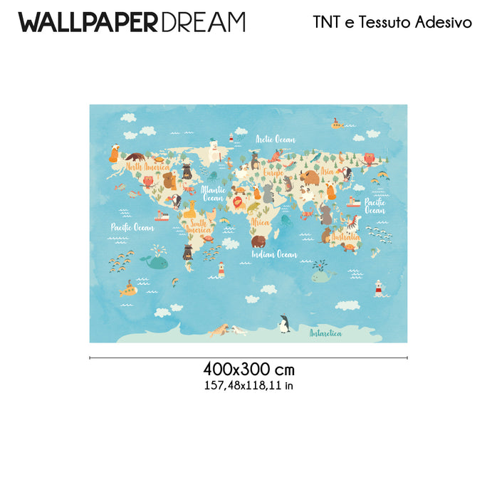 Carta da parati Mappamondo con Animali 2 dimensioni TNT