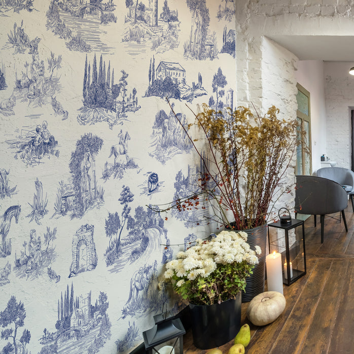 Carta da parati English Toile - soggiorno | blu