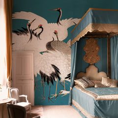 Carta da parati Gru del Sol levante - camera da letto | turchese | blu | verde
