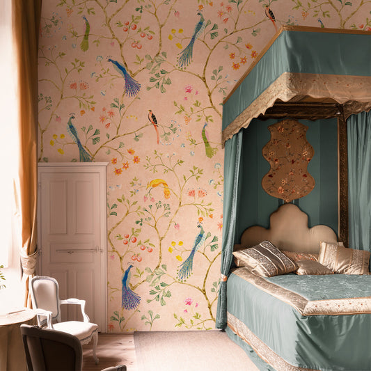 Carta da parati Chinoiserie con uccellini - camera da letto