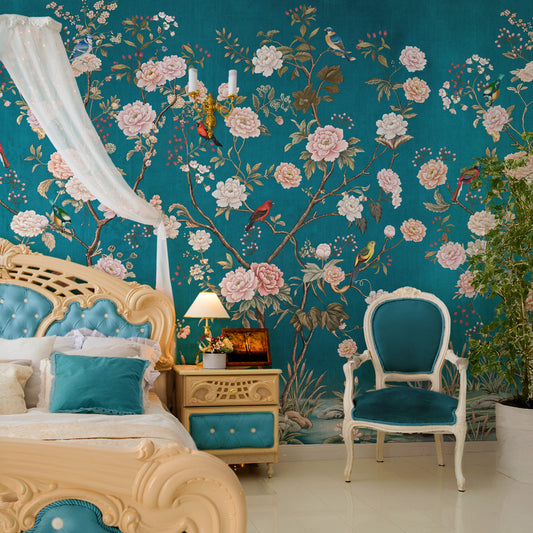 Carta da parati Chinoiserie ottanio - camera da letto