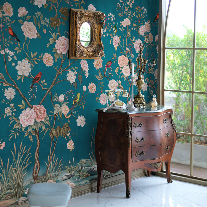 Carta da parati Chinoiserie ottanio - soggiorno