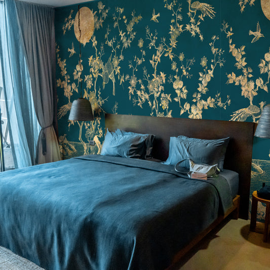 Carta da parati Chinoiserie turchese - camera da letto, hotel
