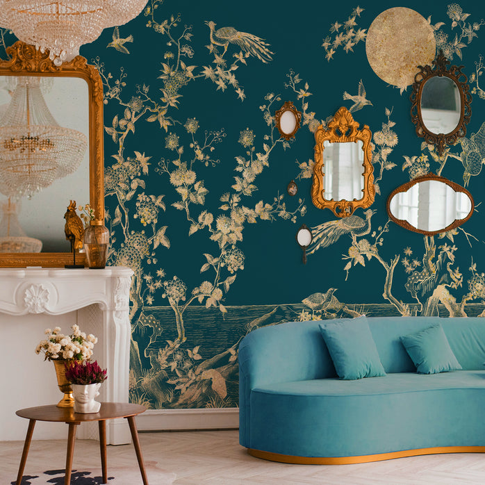 Carta da parati Chinoiserie turchese - soggiorno