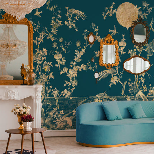 Carta da parati Chinoiserie turchese - soggiorno
