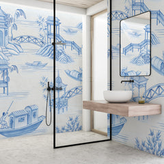 Carta da parati Pagode blu - bagno, box doccia