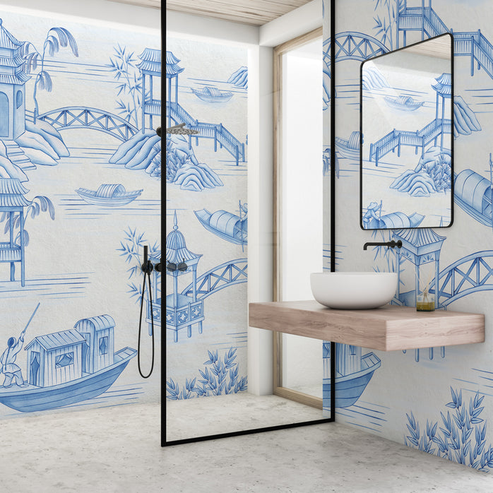 Carta da parati Pagode blu - bagno, box doccia