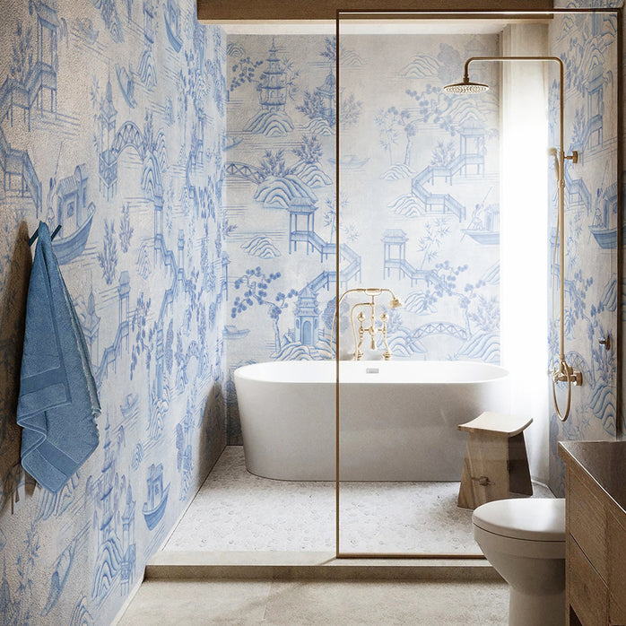 Carta da parati Pagode blu - bagno, box doccia