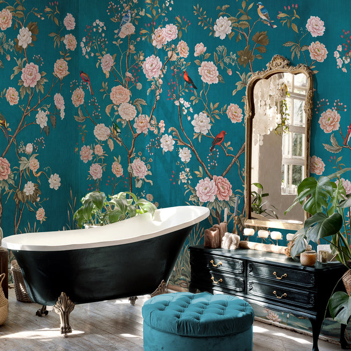 Carta da parati Chinoiserie ottanio - bagno