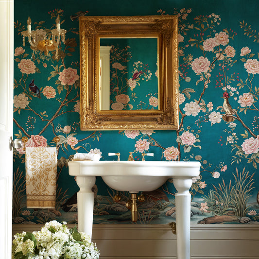 Carta da parati Chinoiserie ottanio - bagno