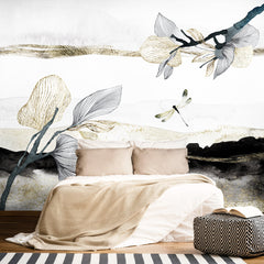 Carta da parati Libellula con tratti oro - camera da letto