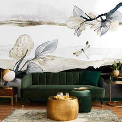 Carta da parati Libellula con tratti oro - soggiorno