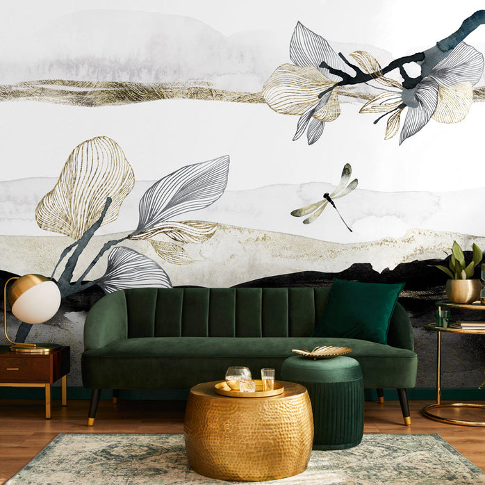 Carta da parati Libellula con tratti oro - soggiorno