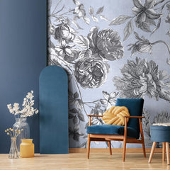 Carta da parati Incisione di fiori - soggiorno | blu