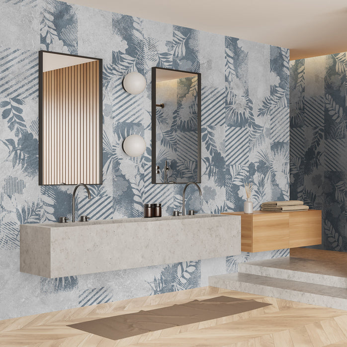 Carta Da Parati In Fibra Di Vetro Ombre Floreali - bagno | blu