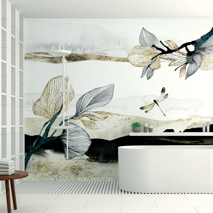 Carta da parati Libellula con tratti oro - bagno, box doccia